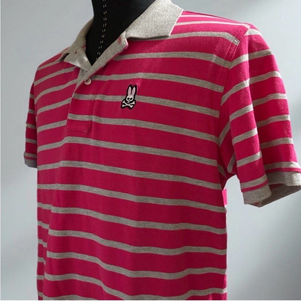 Psycho Bunny Pink and Gray Striped Polo Shirt